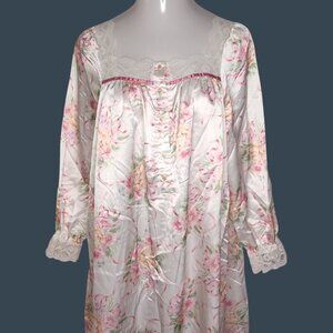 Vintage Night Gown Medium Long Sleeve Lace Accent Satin Cotton Buttons Side Slit